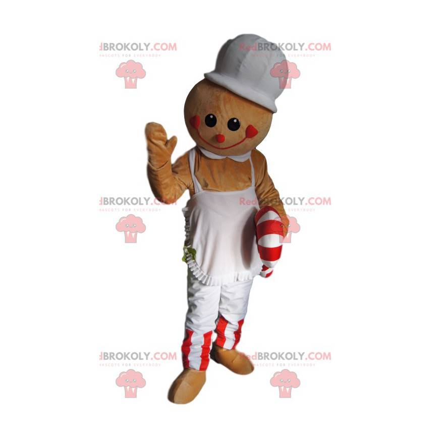 Mascot hombre beige con un delantal y azúcar de cebada -