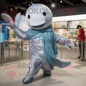 Silver Whale mascot costume character dressed with a Romper and Scarves