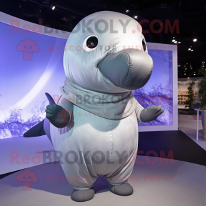 Silver Whale mascot costume character dressed with a Romper and Scarves