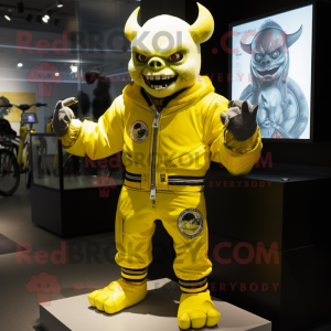 Lemon Yellow Demon mascot costume character dressed with a Moto Jacket and Wallets