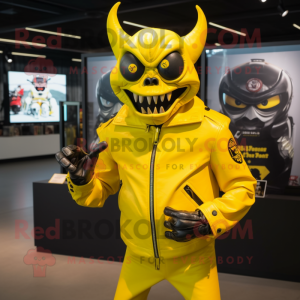 Lemon Yellow Demon mascot costume character dressed with a Moto Jacket and Wallets