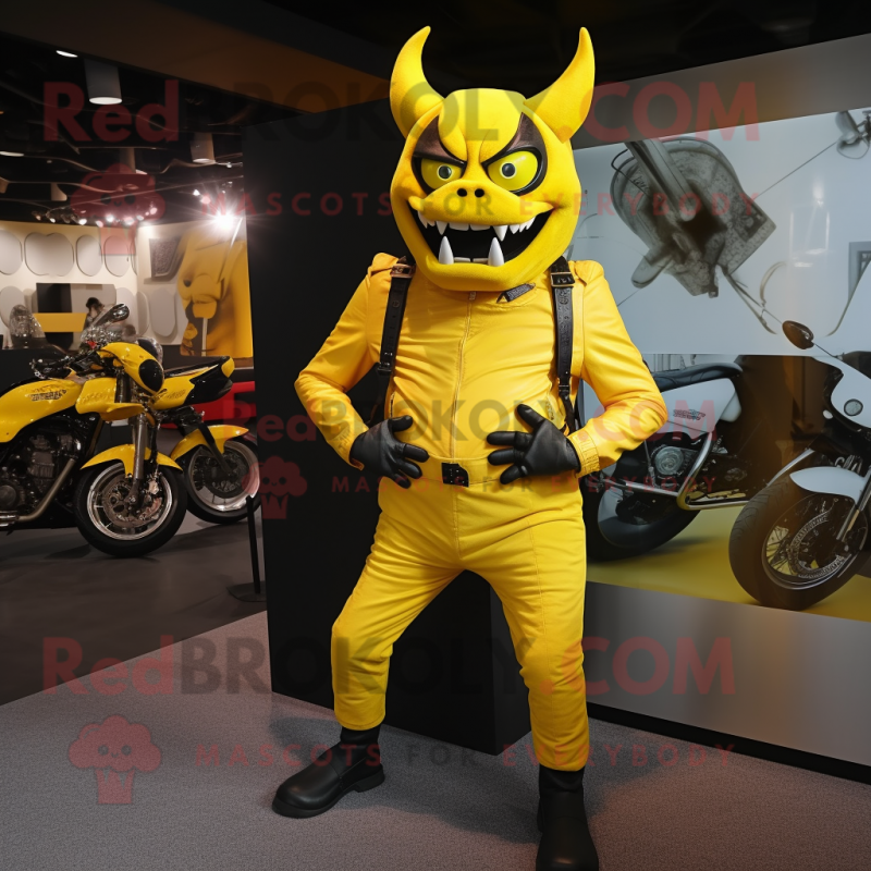 Lemon Yellow Demon mascot costume character dressed with a Moto Jacket and Wallets Lemon Yellow Demon mascot costume character dressed with a Moto Jacket and Wallets