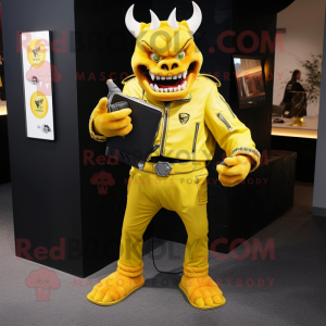 Lemon Yellow Demon mascot costume character dressed with a Moto Jacket and Wallets