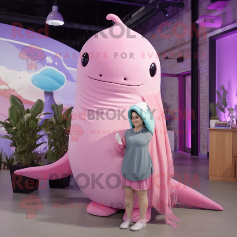 Pink Narwhal mascot costume character dressed with a Tank Top and Shawls