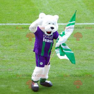 Eisbärenmaskottchen in lila und grüner Sportbekleidung -