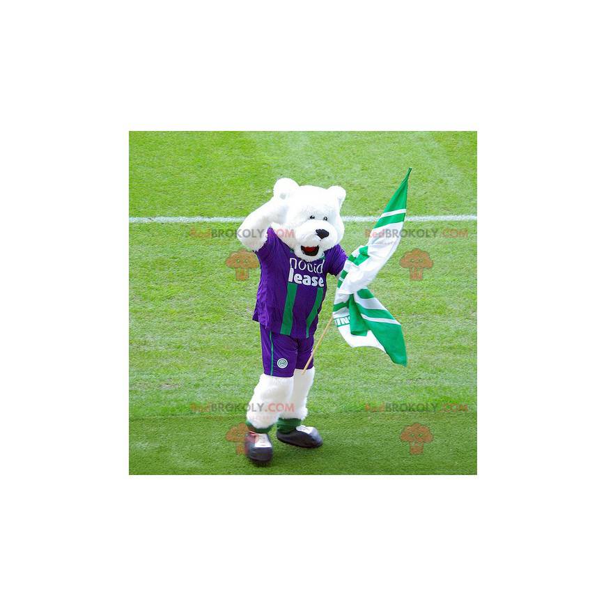 Mascotte d'ours blanc en tenue de sport violette et verte -