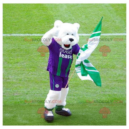 Mascota del oso polar en ropa deportiva morada y verde. -