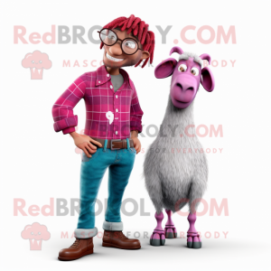 Magenta Boer Goat mascot costume character dressed with a Boyfriend Jeans and Eyeglasses