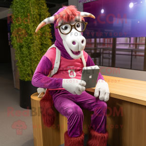 Magenta Boer Goat mascot costume character dressed with a Boyfriend Jeans and Eyeglasses