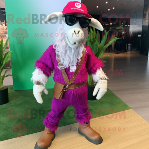 Magenta Boer Goat mascot costume character dressed with a Boyfriend Jeans and Eyeglasses