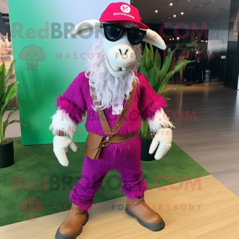 Magenta Boer Goat mascot costume character dressed with a Boyfriend Jeans and Eyeglasses