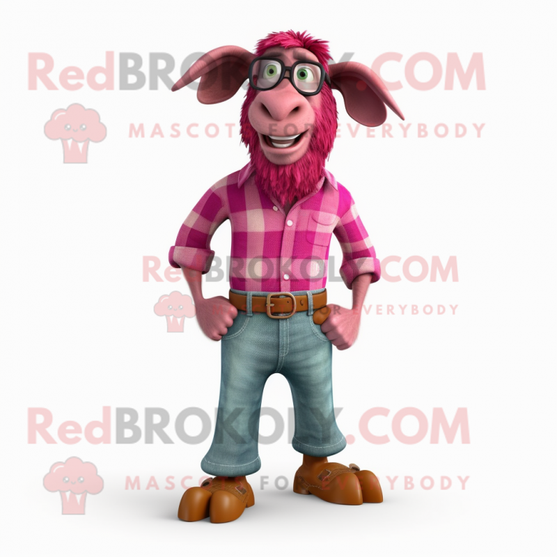 Magenta Boer Goat mascot costume character dressed with a Boyfriend Jeans and Eyeglasses