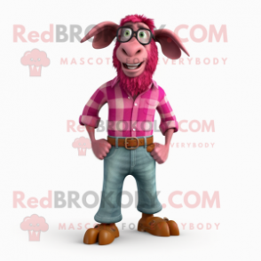 Magenta Boer Goat mascot costume character dressed with a Boyfriend Jeans and Eyeglasses