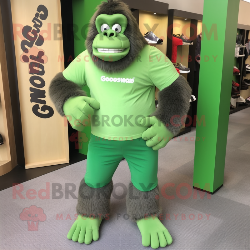 Green Gorilla mascot costume character dressed with a Polo Tee and Shoe laces