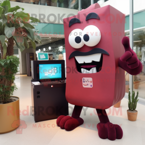 Maroon Computer mascot costume character dressed with a Tank Top and Hairpins