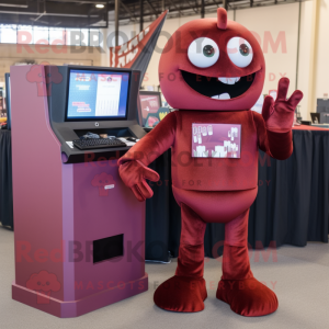 Maroon Computer mascot costume character dressed with a Tank Top and Hairpins