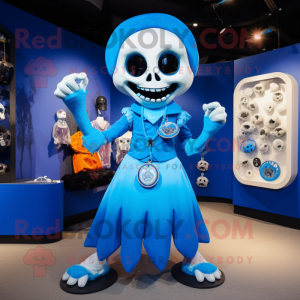 Blue Skull mascot costume character dressed with a Midi Dress and Coin purses