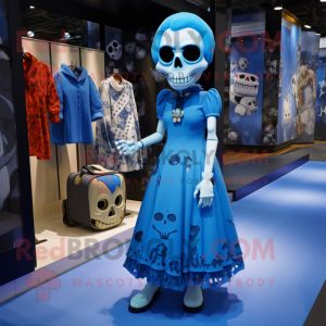 Blue Skull mascot costume character dressed with a Midi Dress and Coin purses