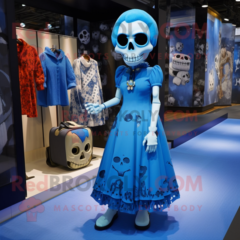 Blue Skull mascot costume character dressed with a Midi Dress and Coin purses Blue Skull mascot costume character dressed with a Midi Dress and Coin purses