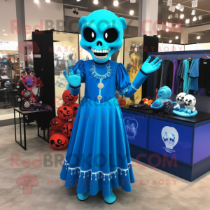 Blue Skull mascot costume character dressed with a Midi Dress and Coin purses