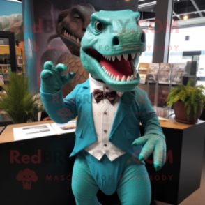 Teal Tyrannosaurus mascot costume character dressed with a Blouse and Cufflinks