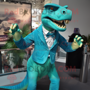 Teal Tyrannosaurus mascot costume character dressed with a Blouse and Cufflinks