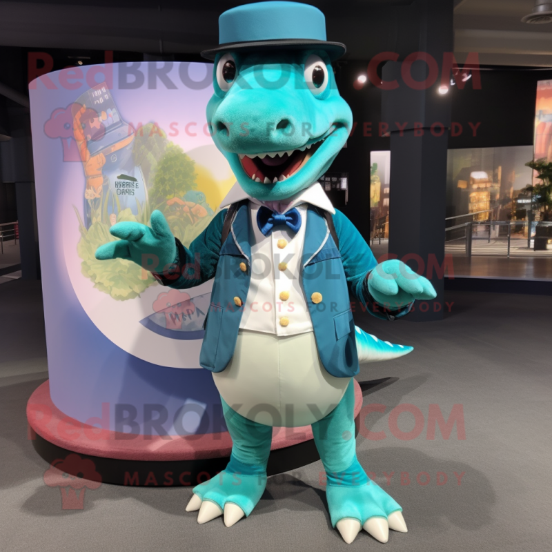 Teal Tyrannosaurus mascot costume character dressed with a Blouse and Cufflinks