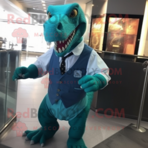 Teal Tyrannosaurus mascot costume character dressed with a Blouse and Cufflinks