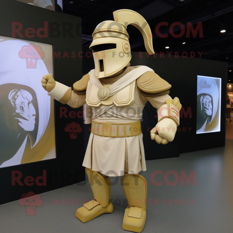 Cream Spartan Soldier mascot costume character dressed with a Long Sleeve Tee and Cummerbunds Cream Spartan Soldier mascot costume character dressed with a Long Sleeve Tee and Cummerbunds