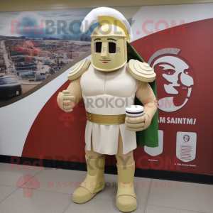 Cream Spartan Soldier mascot costume character dressed with a Long Sleeve Tee and Cummerbunds