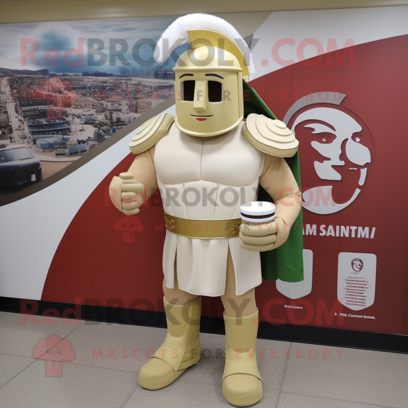 Cream Spartan Soldier mascot costume character dressed with a Long Sleeve Tee and Cummerbunds Cream Spartan Soldier mascot costume character dressed with a Long Sleeve Tee and Cummerbunds
