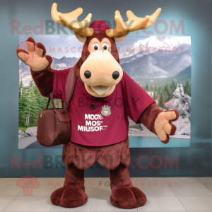 Maroon Moose mascot costume character dressed with a Dress and Backpacks