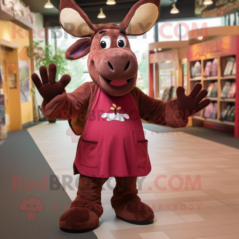 Maroon Moose mascot costume character dressed with a Dress and Backpacks