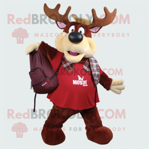 Maroon Moose mascot costume character dressed with a Dress and Backpacks