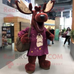 Maroon Moose mascot costume character dressed with a Dress and Backpacks