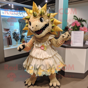 Beige Stegosaurus mascot costume character dressed with a Dress and Headbands