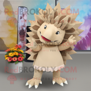 Beige Stegosaurus mascot costume character dressed with a Dress and Headbands