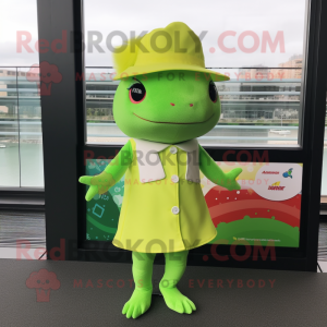 Lime Green Axolotls mascot costume character dressed with a Sheath Dress and Berets