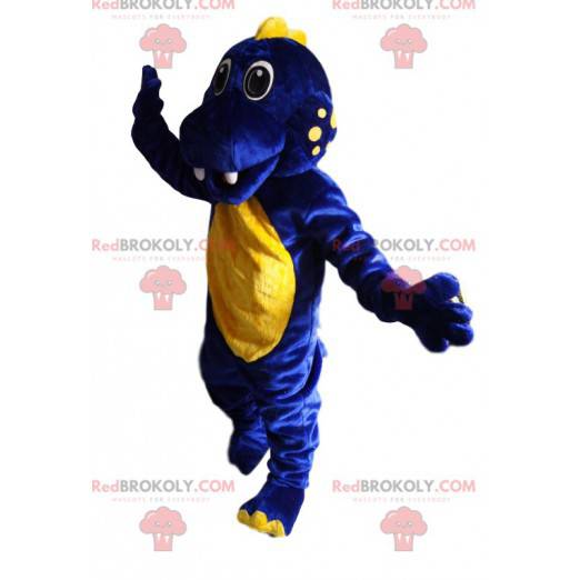 Mascotte de dinosaure bleu nuit et jaune - Redbrokoly.com