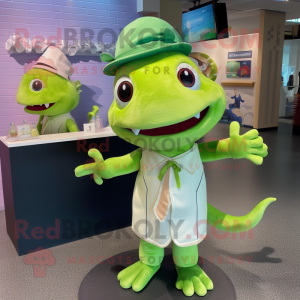 Lime Green Axolotls mascot costume character dressed with a Sheath Dress and Berets