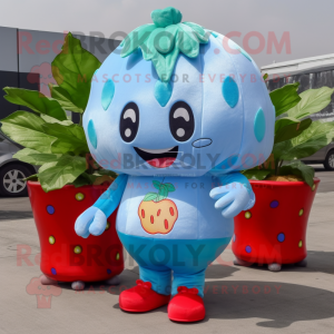 Sky Blue Strawberry mascot costume character dressed with a Jacket and Hair clips