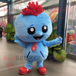 Sky Blue Strawberry mascot costume character dressed with a Jacket and Hair clips