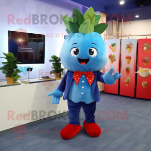 Sky Blue Strawberry mascot costume character dressed with a Jacket and Hair clips