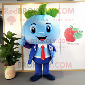 Sky Blue Strawberry mascot costume character dressed with a Jacket and Hair clips