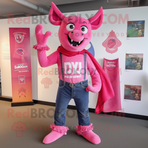 Pink Devil mascot costume character dressed with a Bootcut Jeans and Shawls