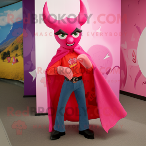 Pink Devil mascot costume character dressed with a Bootcut Jeans and Shawls