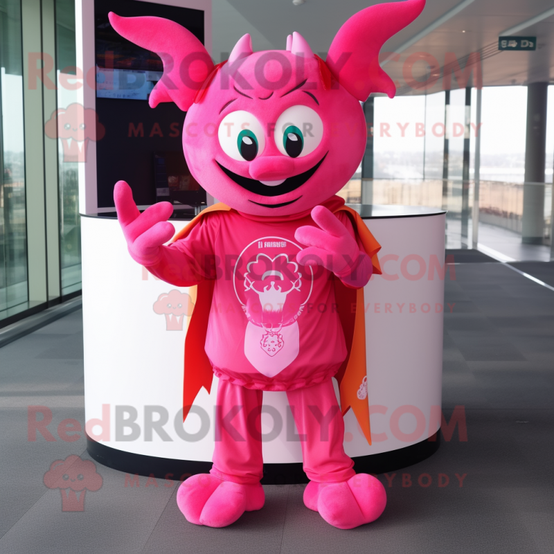 Pink Devil mascot costume character dressed with a Bootcut Jeans and Shawls