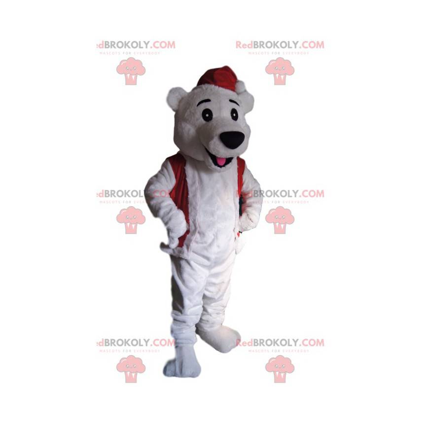 Polar bear mascot with a Christmas hat - Redbrokoly.com