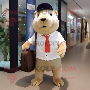 Cream Capybara mascot costume character dressed with a Dress Pants and Keychains