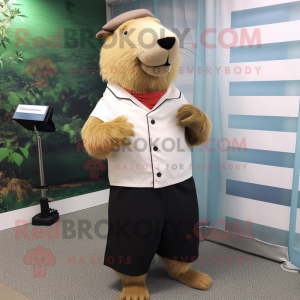Cream Capybara mascot costume character dressed with a Dress Pants and Keychains